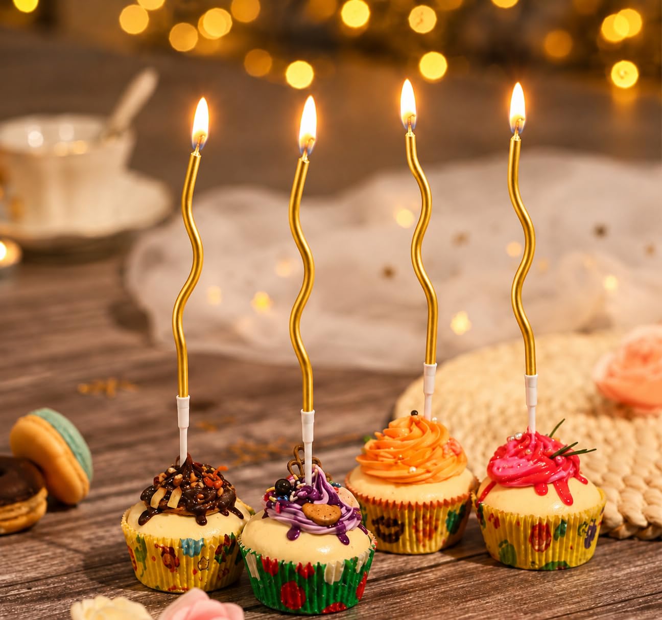 Metallic Wavy Spiral Birthday Cake Candles with Holders | Celebration Candles | Pack of 4