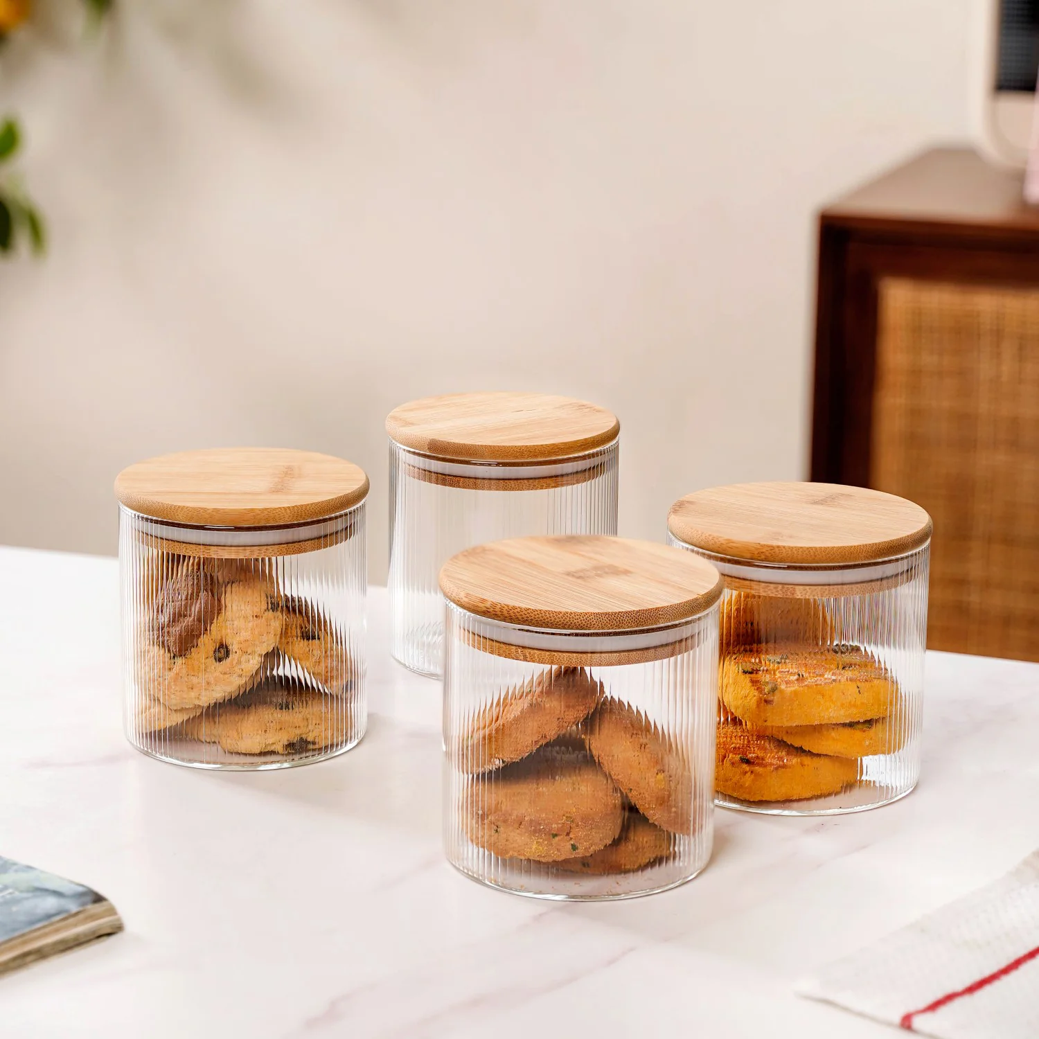 Fluted Glass Storage Jars Set – 4 Pieces (730ml Each)